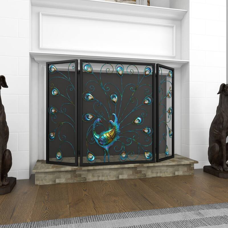 Blue Metal Rainbow 3 Panel Peacock Fireplace Screen with Crystal Accents and Black Frame