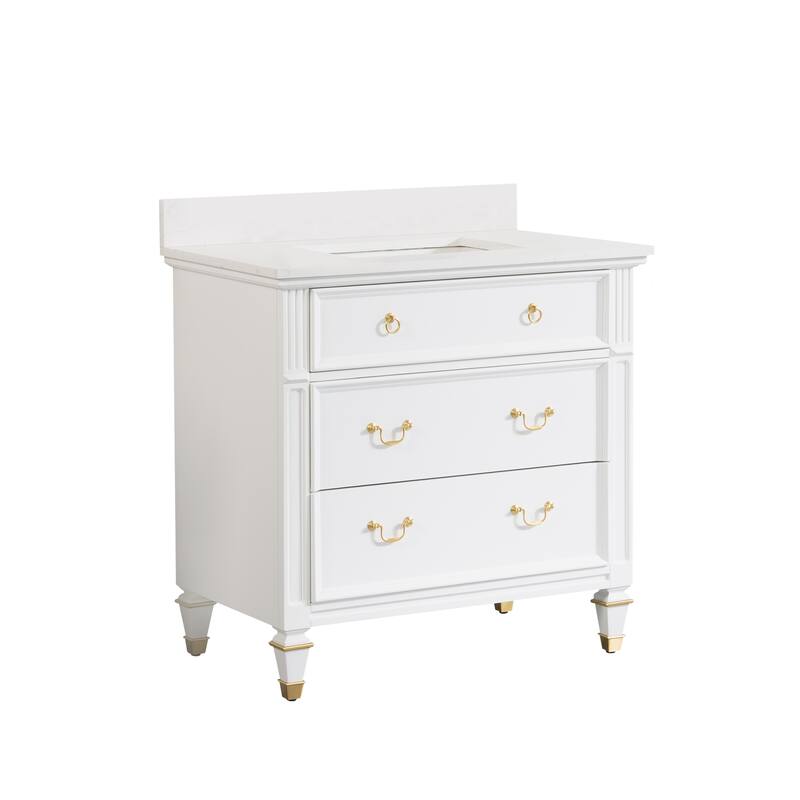 35'' H X 36'' W Solid Wood Bath Vanity with Stain-resistant Carrera White Quartz Top and Single Sink