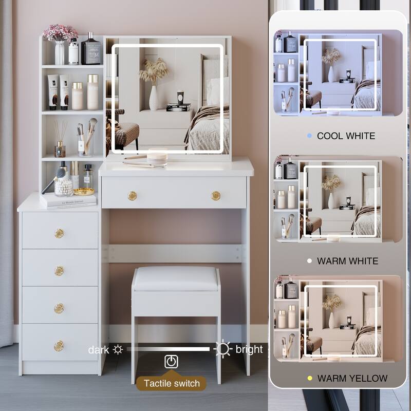 37" Mid-Size Left Bedside Vanity Set with LED Mirror and Stool