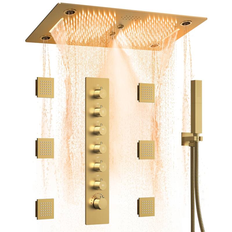 Shower Faucet System 28"*16" Ceiling Mount Shower Head with 4 Spray Mode Body Jets Handheld Spray LUXURY LED - Brushed Gold
