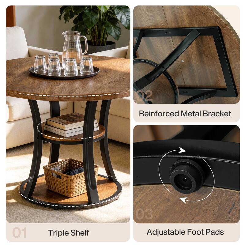 39.37 Inch Round Conference Table with 2-Tier Storage Shelf and Metal Base for 4 People - 39.37" D x 39.37" W x 29.53" H