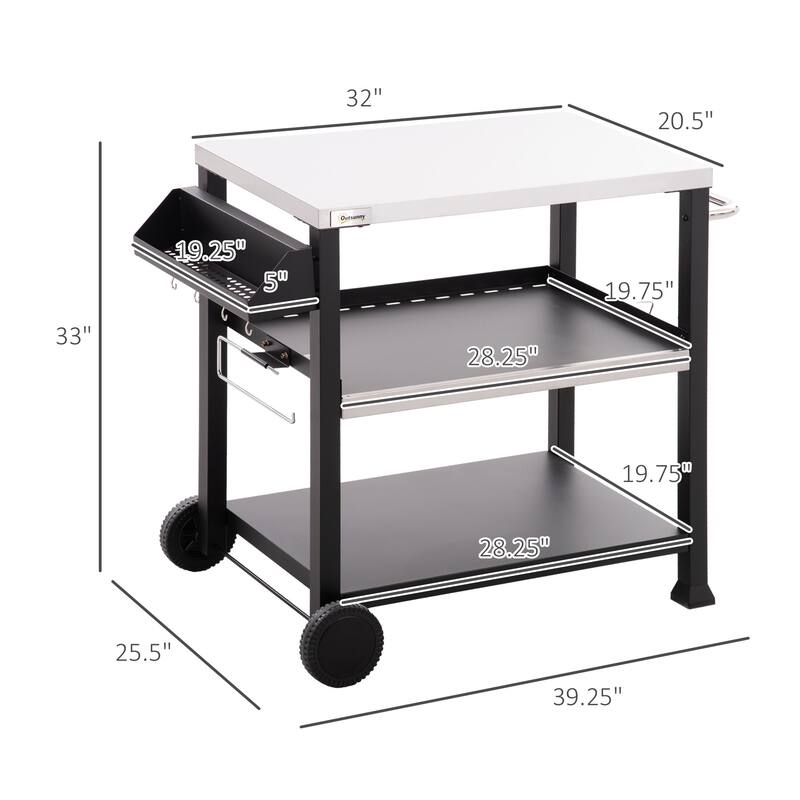 Outsunny Three-Shelf Outdoor Grill Cart with Stainless Steel Tabletop, Side Handle, Multifunctional Pizza Oven Stand