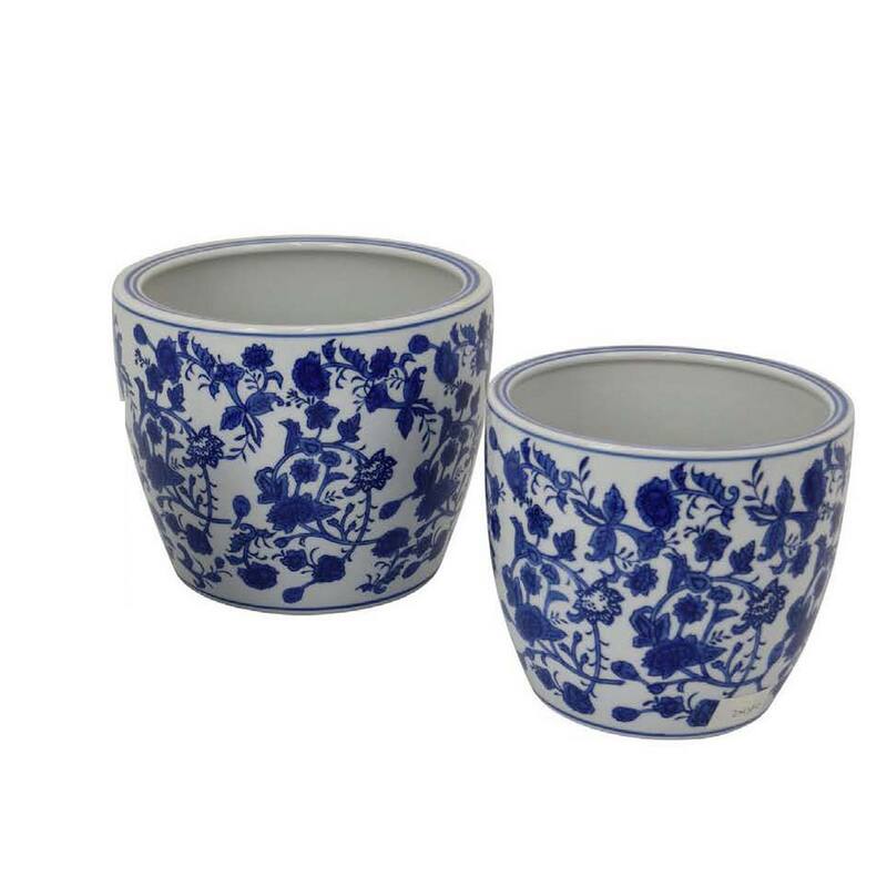Garden Planter Set of 3, Classical Ceramic Blue White Floral Pattern