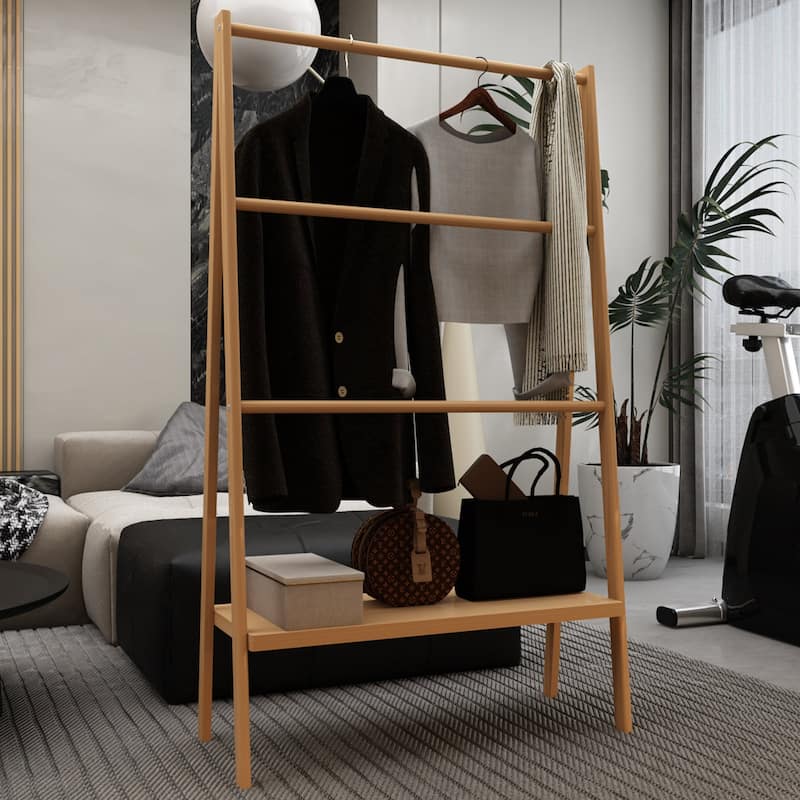 52" Tall Freestanding Bamboo Wood Ladder Towel Rack with Storage Shelf and 3 Shelves