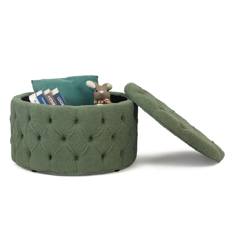Adeco Round Velvet Storage Ottoman, Button Tufted Footrest Stool