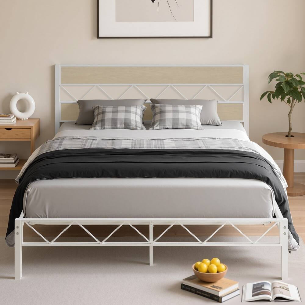 VECELO Vintage Metal Platform Bed Frame with Wood Headboard, Storage Bed, Noise-Free, No Box Spring Needed, Twin/Full/Queen Size