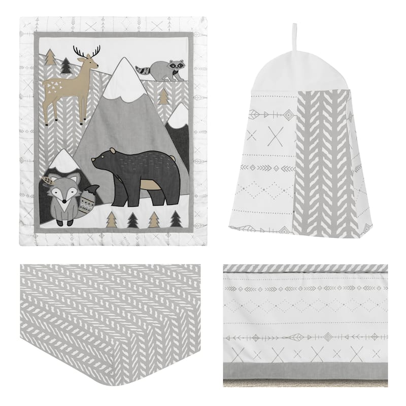 Sweet Jojo Designs Beige Grey White Boho Mountain Animal Woodland Forest Friends Unisex Boy Girl 4-pc Nursery Crib Bedding Set