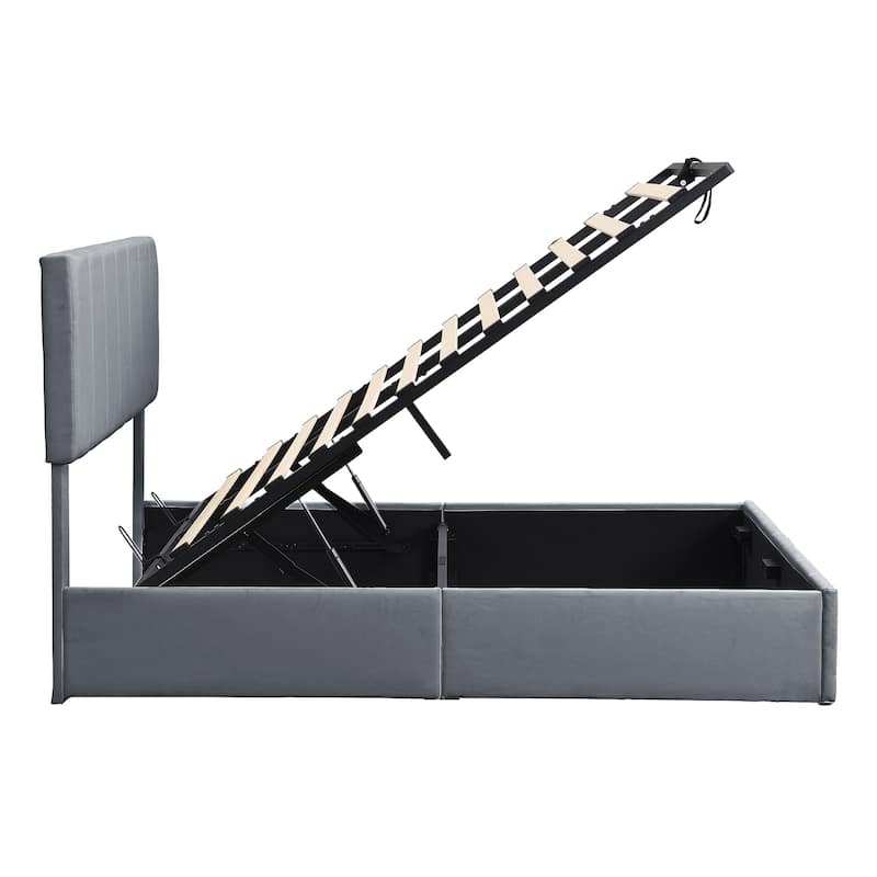 Linen Upholstered Bed Low Profile Platform Bed Storage Bedframe with Hydraulic Storage System, Headboard and Slats Support