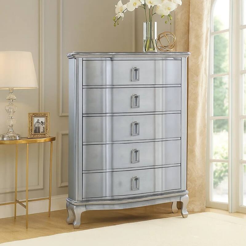 Contemporary 5 Drawer Wooden Chest with Rectangle Knobs, Silver