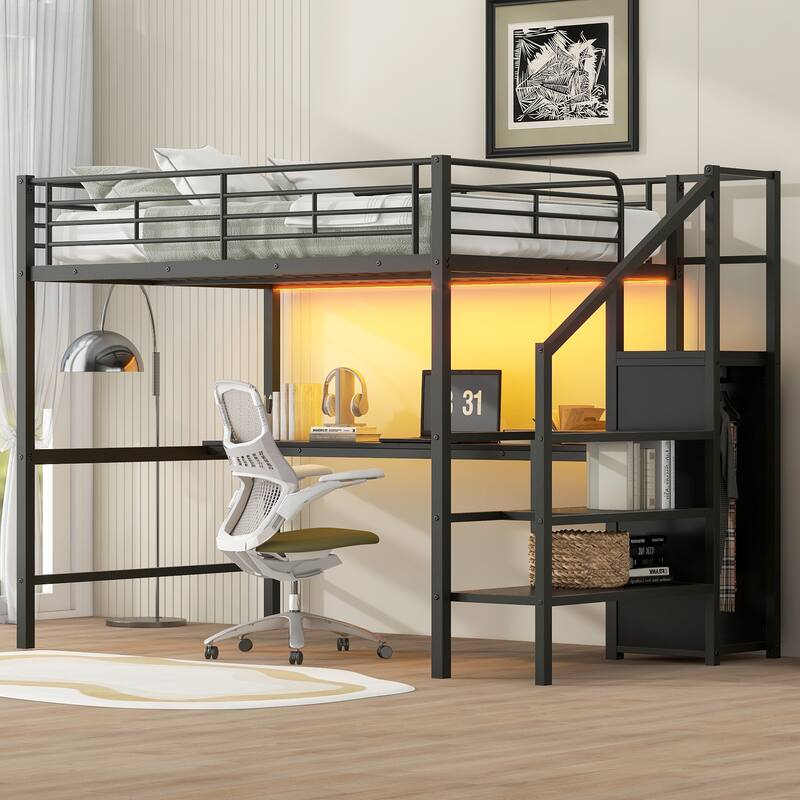 Full Size Metal Loft Bed with Desk, Storage Staircase, Small Wardrobe, and LED Light