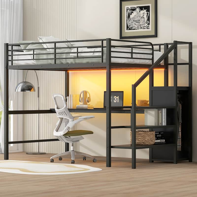 Full Size Metal Loft Bed with Desk, Storage Staircase, and Wardrobe, Black