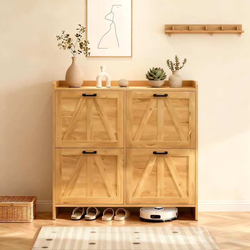 Modern Fence Shoe Cabinet with 4 Flip Drawers, Sleek Space-Saving Entryway Organizer for Living Room