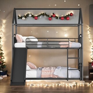 Modren Twin Over Twin Metal Bunk Bed With Slide,Convertible Into Two Separate Small Beds for Bedroom