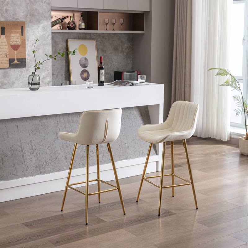 2 Bar Stools with Chrome Footrest Velvet Fabric Counter Stool Golden Leg Simple Bar Stool - N/A