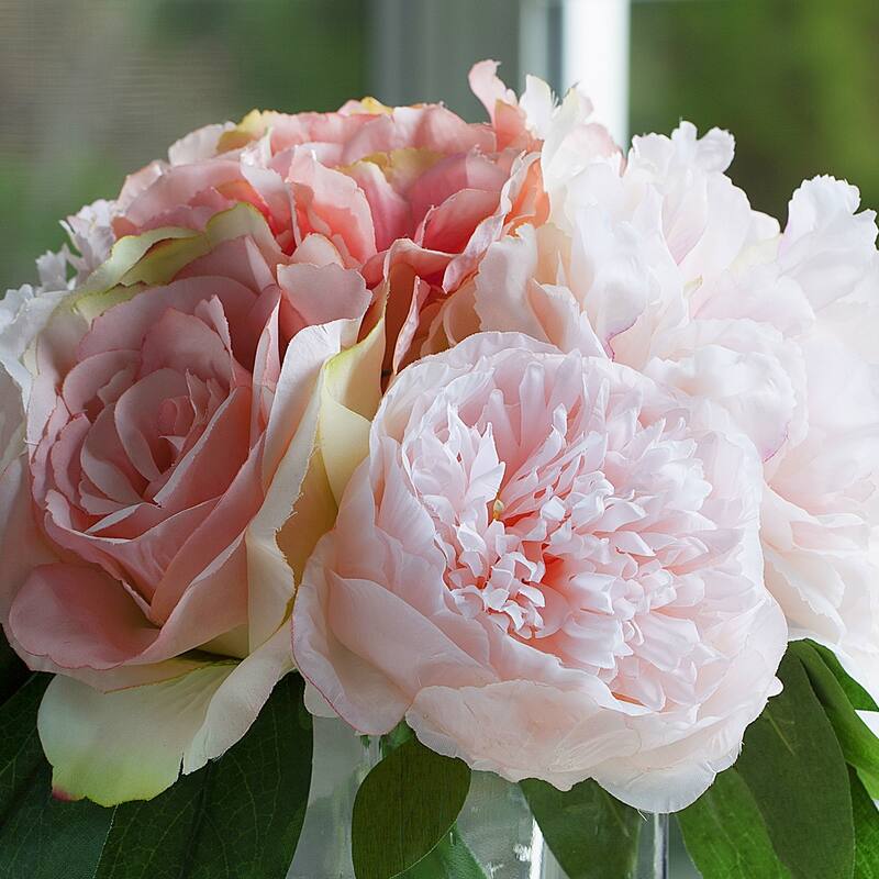 Enova Home Mixed Artificial Peony Roses and Hydrangea Silk Flowers in Clear Glass Vase with Faux Water - 12"H x 10"W
