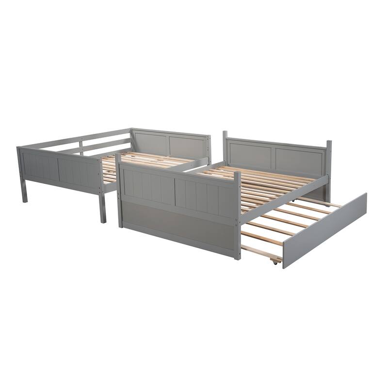 Wooden Full Over Full Bunk Bed with Trundle, Convertible to Two Full Beds, for Kids and Teens