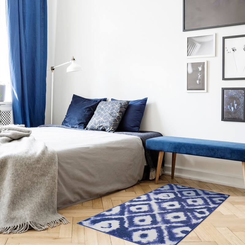 My Magic Carpet Shibori Geometric Diamond Blue Machine Washable Rug