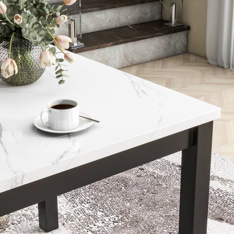 35" Faux Marble Top Dining Table and 4 Velvet Chairs, 5-Piece Dining Set