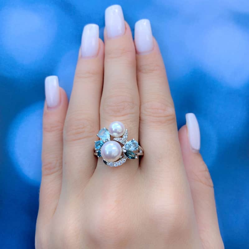 Miadora 6-8mm Cultured FW Pearl and Multi-Gemstone Cocktail Ring in Sterling Silver