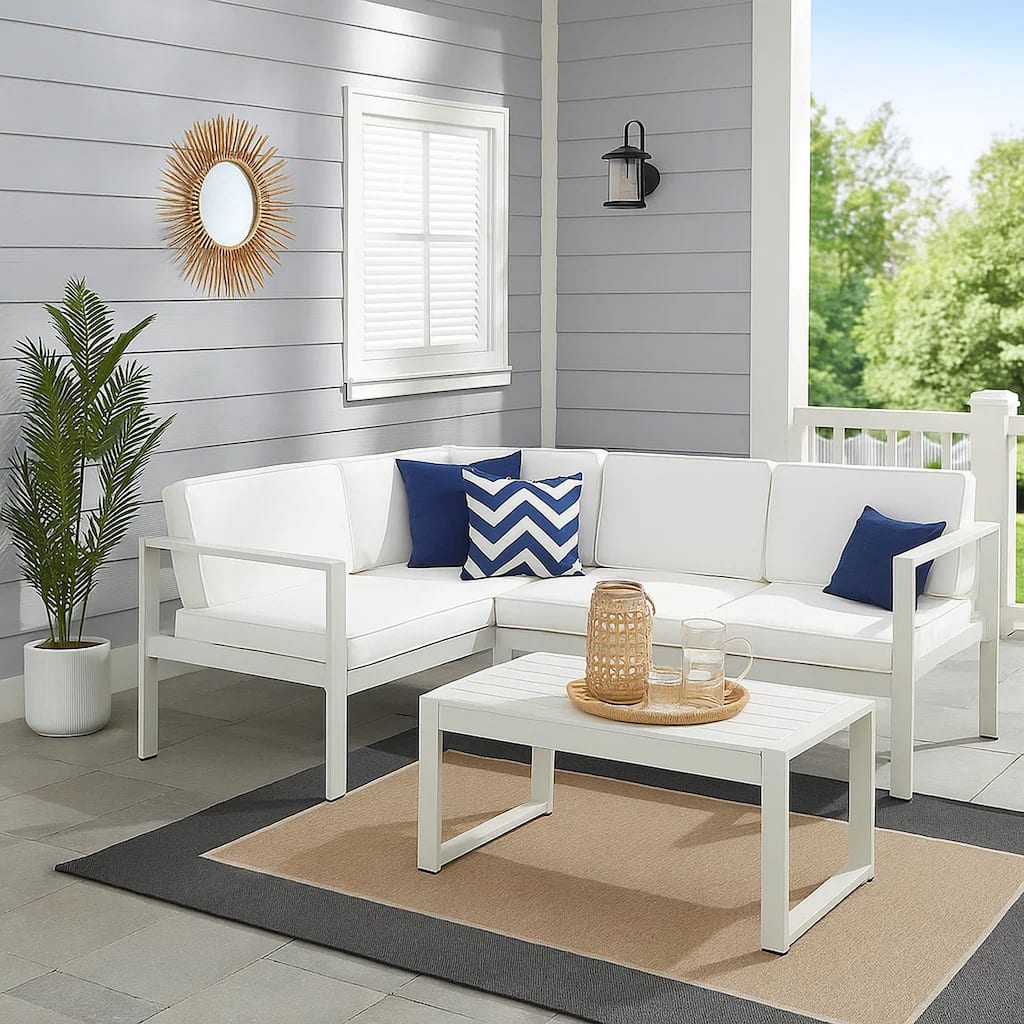 4 Piece Fabric Upholstered Sectional Sofa with Table, White