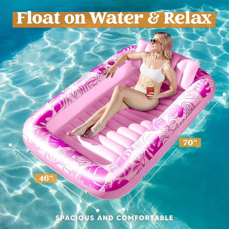 Inflatable Tanning Pool Lounger Float for Adults, 70" x 46" Large Suntan Tub (L-Hot Pink).