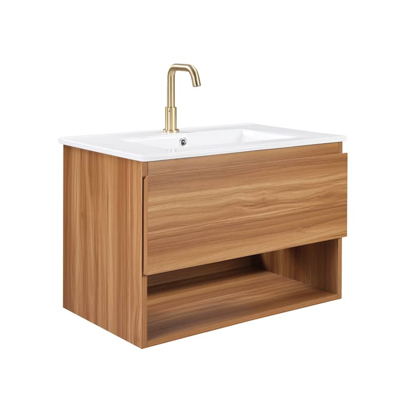 30" Floating Bathroom Vanity with Ceramic Sink - Wall Mounted Fluted Cabinet in Walnut with Drawers, Modern Design