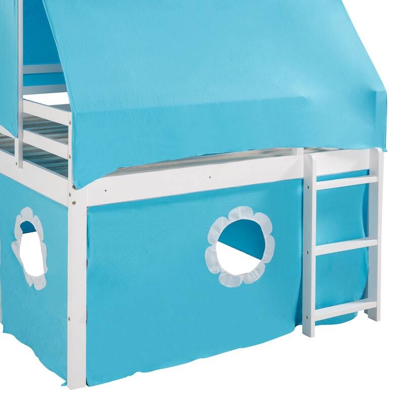 Kids Loft Bed with Slide and Tent, Twin/Full Size House Loft Bed with Tower & Ladder, Castle