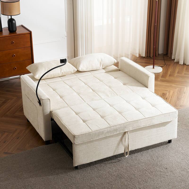Loveseat Convertible Pull-out Sleeper Sofa Bed, with Reversible Backrest Cushion 2 USB Ports and Pockets Sleeper Couch