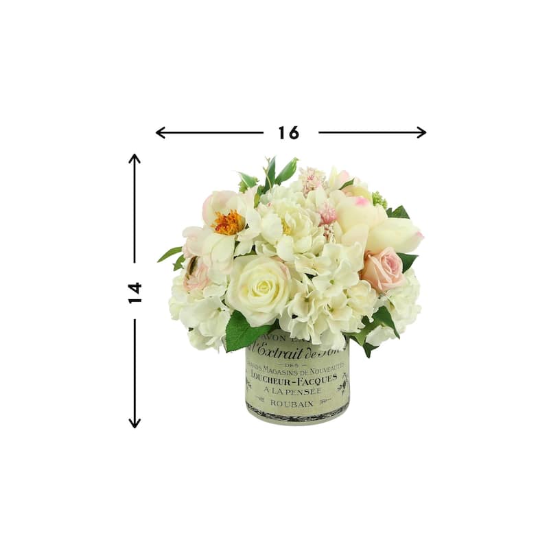 Rose and Hydrangea Arrangement in Label Vase - Pink, Cream, Green