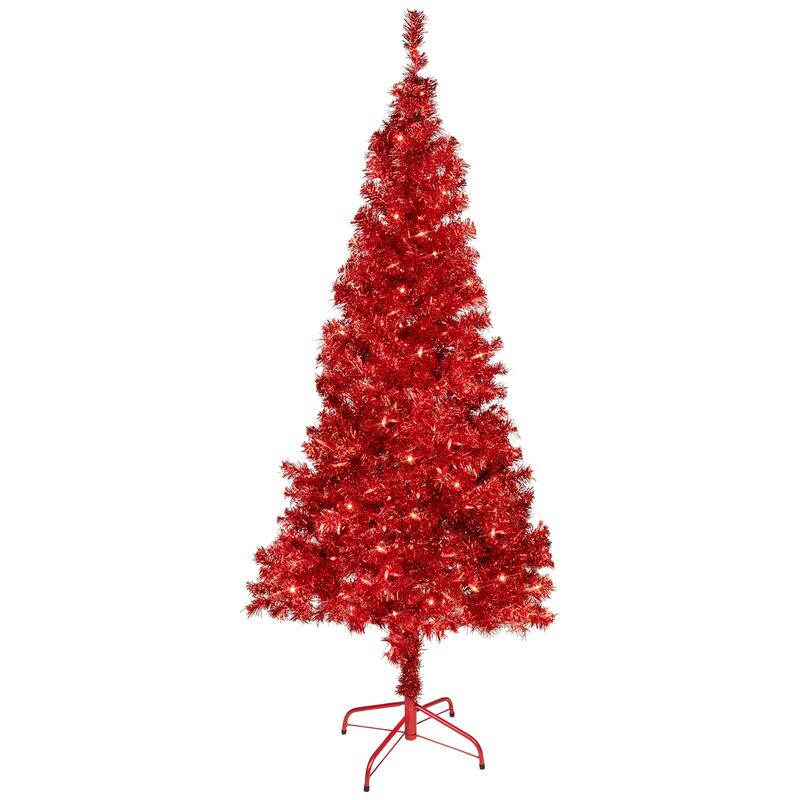 Pre-Lit Profile Artificial Tinsel Christmas Tree - 6' - Red - Clear Lights - 6 Foot
