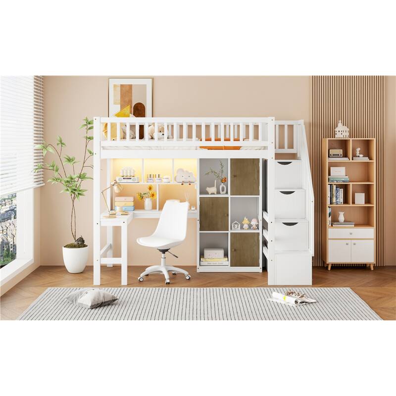 Roomfitters Twin Wood Loft Bed with Built-in Desk, Storage Cabinets and LED Light