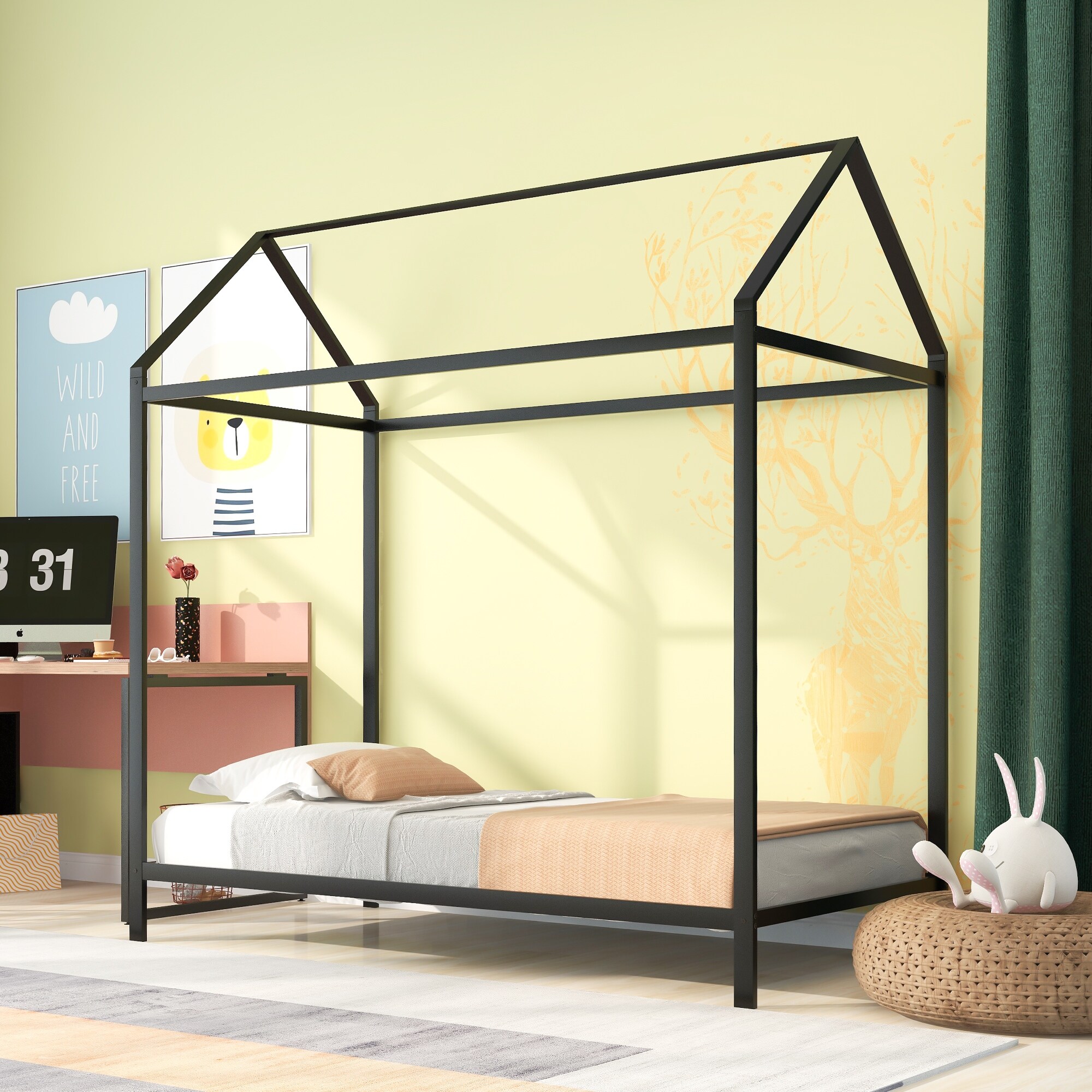 Twin Size House Bed for Kids Montessori Bed Frame Metal Platform Bed Floor Bed for Boys Girls No Box Spring Needed Black