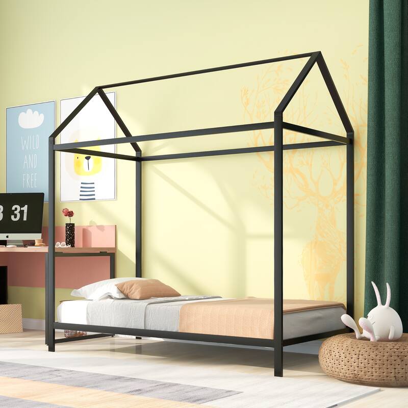 Twin Size Metal House Bed Frame for Kids, No Box Spring Needed, Black - Black