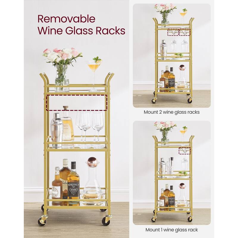3 Tier Modern Compact Bar Cart with Mirrored Shelves Lockable Casters and Wine Glass Storage Rack - 11.8”D x 18.4”W x 36.2”H