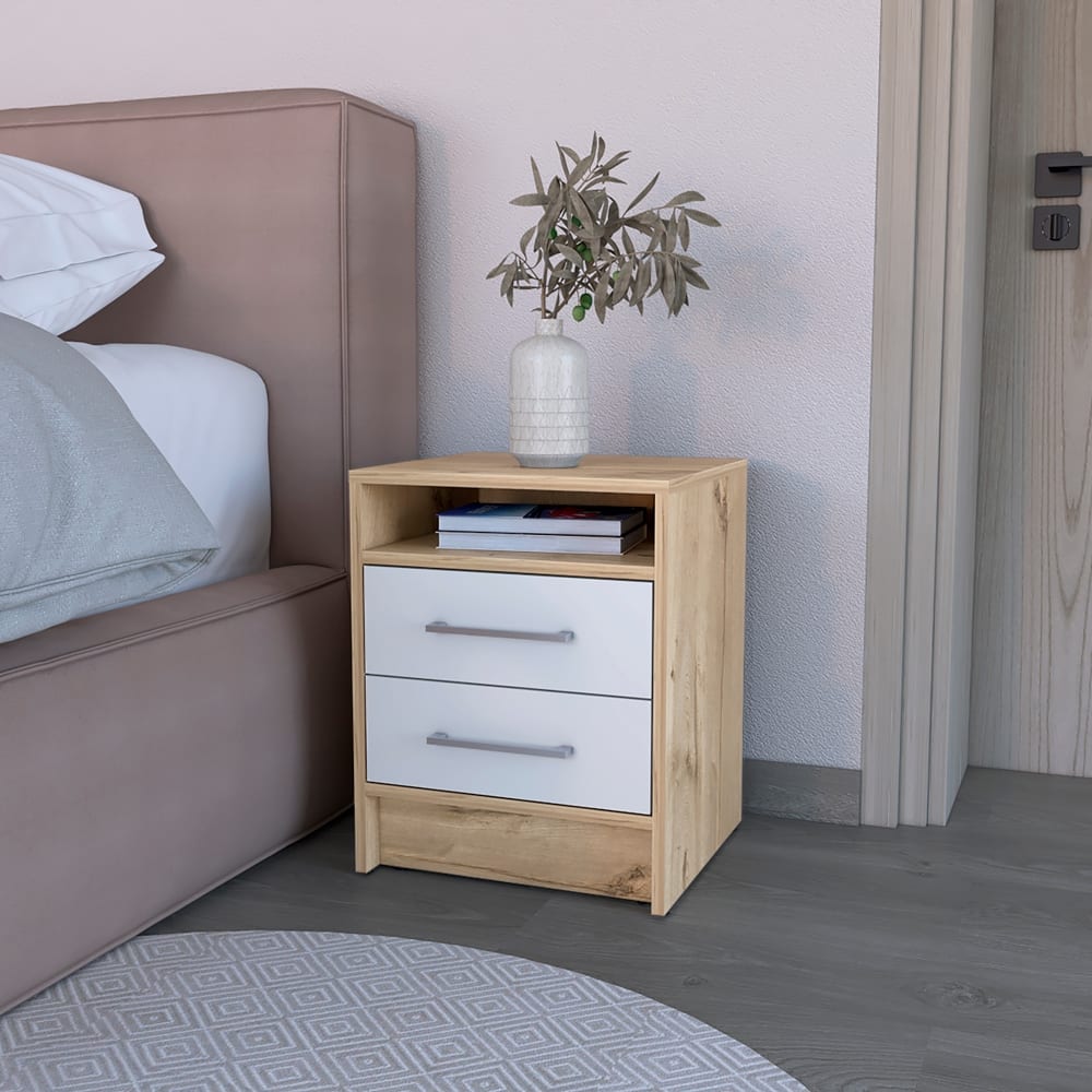 Two-Drawer Nightstand, White and Light Oak Finish