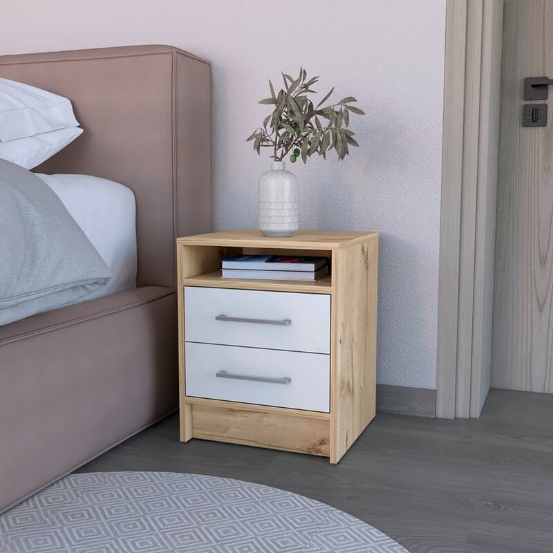 Two-Drawer Nightstand, White and Light Oak Finish - White + Light Oak