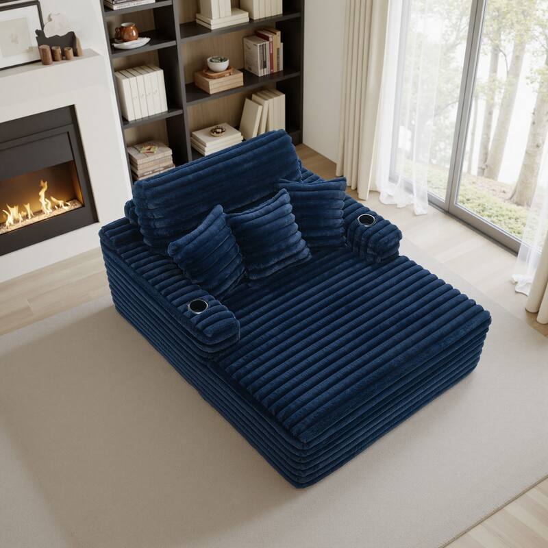 53"W Oversized Plush Fur-Like Chaise Lounge Sofa with Cup Holder