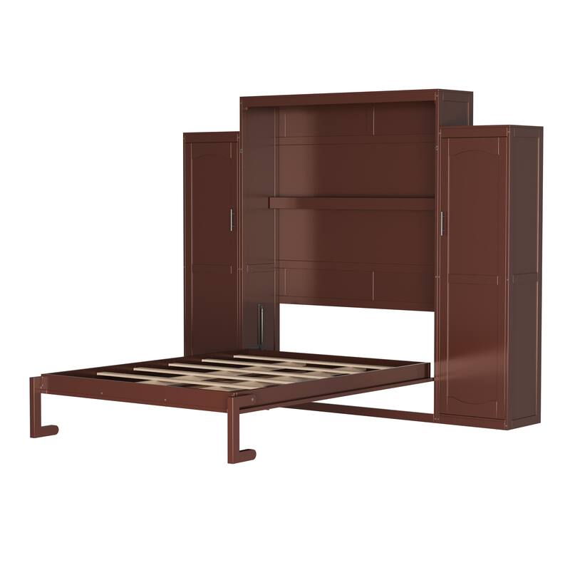Queen Size Murphy Bed, Wooden Queen Wall Bed with 2 Wardrobe and Storage Shelf, Multifunctional Foldable Platform Bedframe