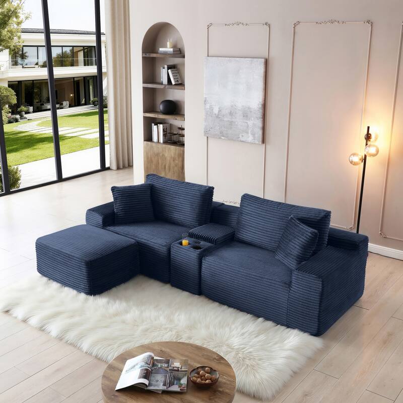111" L-Shaped Corduroy Boneless Sectional Sofa with Ottoman - Blue