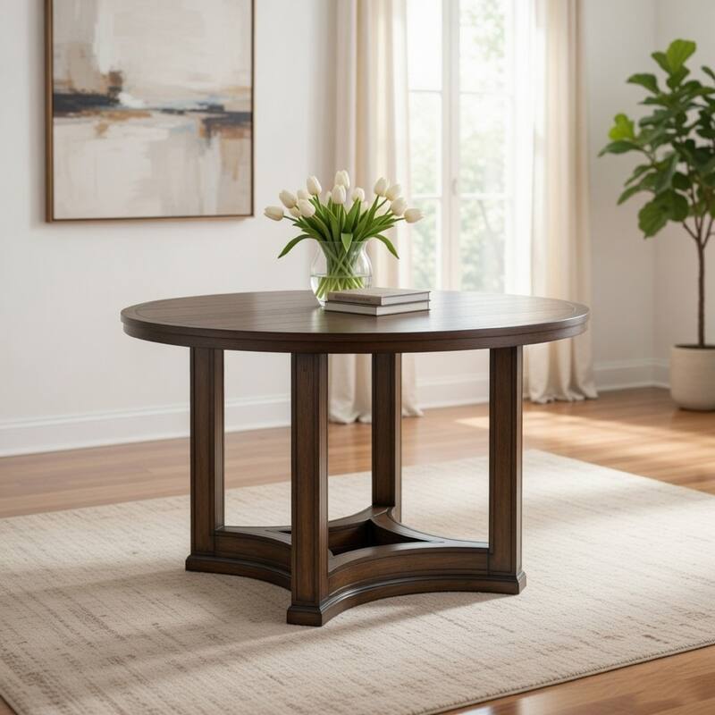 Stacy 47 Inch Dining Table, Round Tabletop, Rubberwood, Weathered Oak