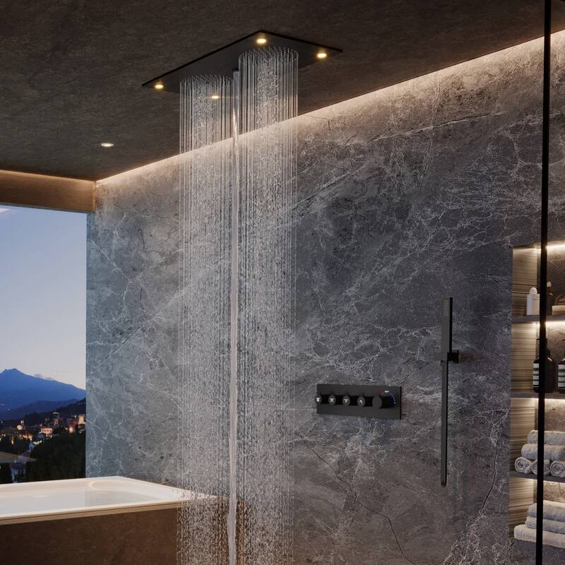 Thermostatic 4-Spray 28 in. x 15 in. Ceiling Mount Fixed and Handheld Dual Shower Head 2.5 GPM with LED Mood Light & Music