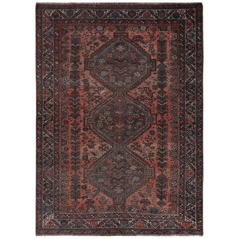 Shahbanu Rugs Terracotta Red Worn Wool Hand Knotted Vintage Persian Shiraz Cropped Thin Distressed Look Rug (5'3" x 7'1")