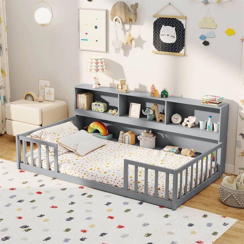 Pine Wood Twin Montessori Floor Bed with Bookshelf and Safety Rails