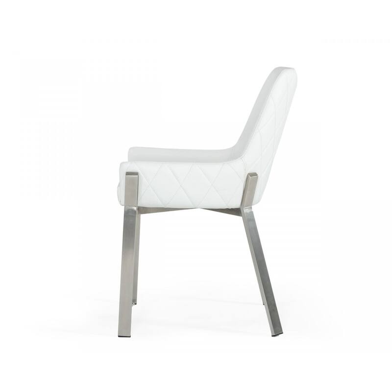 34" Contemporary Arm Dining Chair with White Upholstered Faux Leather Seat and Silver Frame - 33.5”H x 23”W x 24”D
