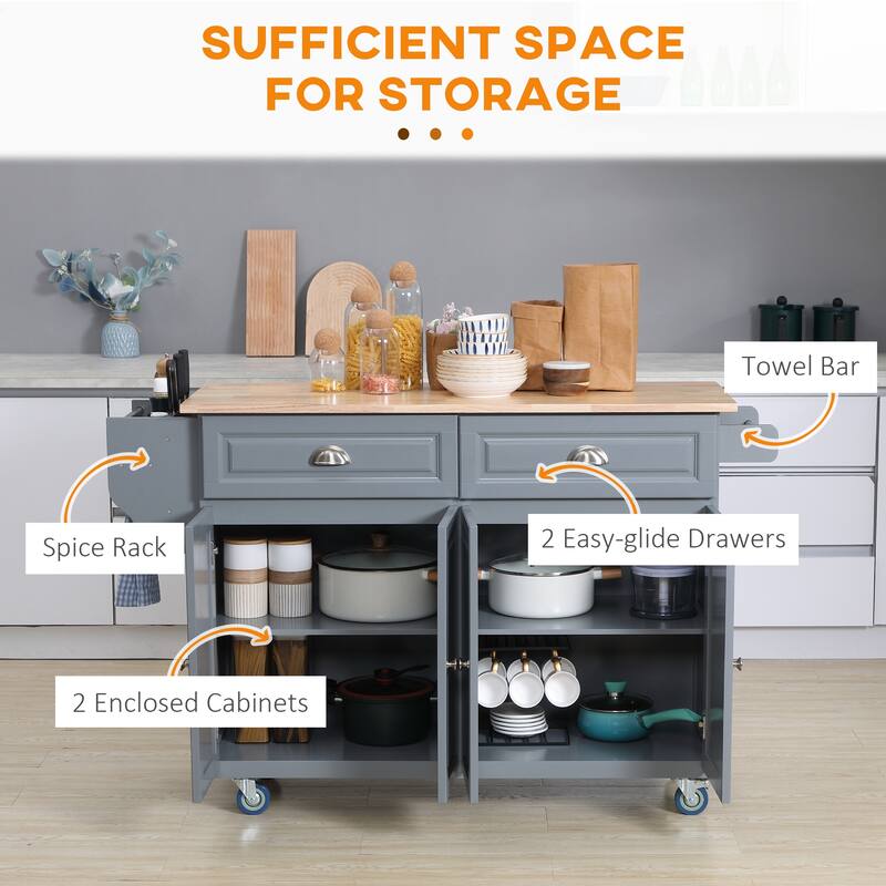 HOMCOM Rolling Kitchen Island on Wheels Utility Cart with Drop-Leaf and Rubber Wood Countertop, Storage Drawers, Dark Grey