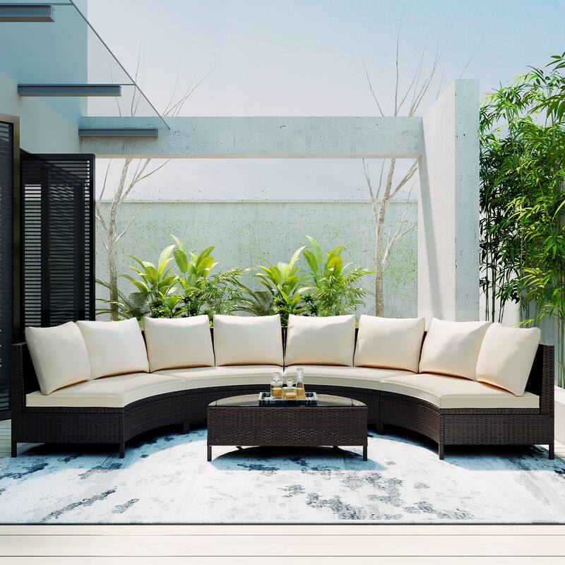 5-Piece Outdoor PE Rattan Sectional Sofa Set with Half-Moon Tempered Glass Table and Cushions