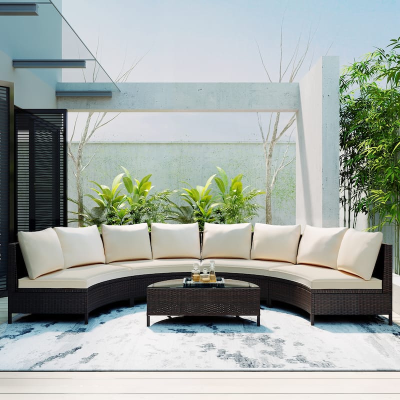 Roomfitters Outdoor Half Moon Curved Rattan Sofa Set, Modular Wicker Sectional Patio Furniture with Glass Coffee Table