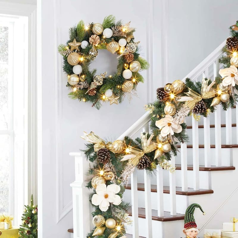 24" Pre-Lit Gold Artificial Christmas Wreath for Front Door - N/A