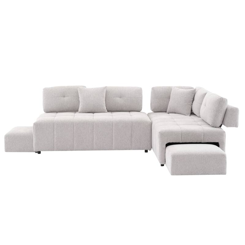 91.73" L-Shaped 4 Seater Sectional Sofa with 2 Hidden Stools, 2 Removable Lumbar Pillows, and Durable Chenille Upholstery