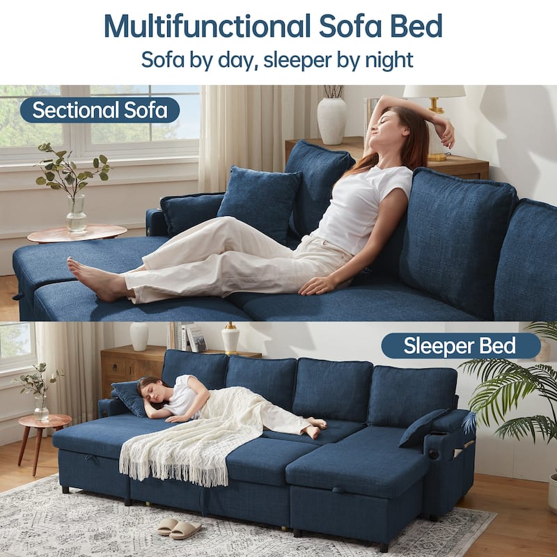 Convertible Sleeper Sofa 3-in-1 Pull Out Sectional Sofa Bed L/U-Shaped Couch with Storage Chaise